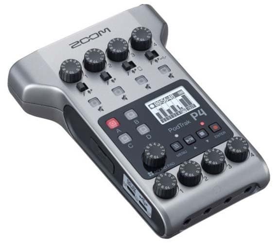 Image shows the PodTrak 4 podcast recorder and audio interface against a white background.