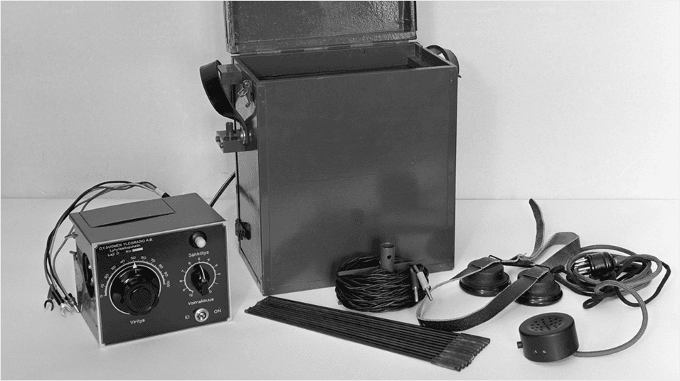 This is a set of three pieces of vintage radio equipment, black and silver, against a white neutral backdrop.