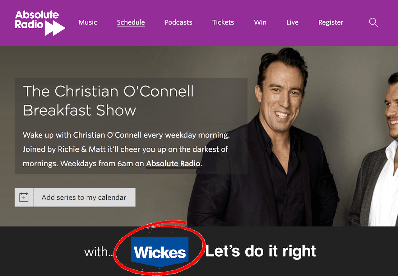 This is a screenshot of the Absolute Radio homepage. The top is purple, and the bottom is a black banner that reads "with...Wickes" with Wickes as a partnership circled in red.
