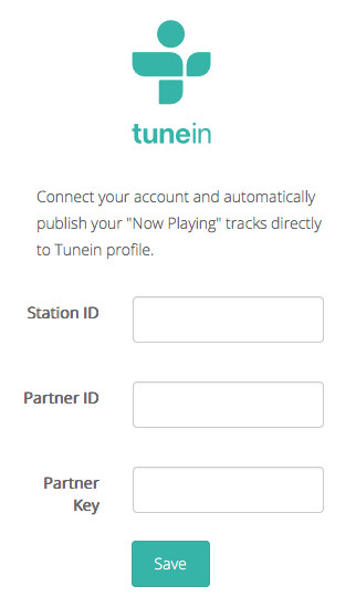 This is a visualisation of the TuneIn log in screen. It is a white page with the teal tunein logo at the top of the image.