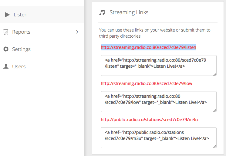 This is a screenshot visualising how the Radio.co Dashboard appears in white and grey