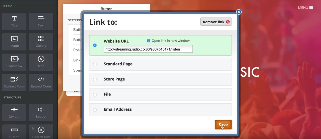 This is exactly the same screenshot as the last one apart from the options being different. The text box in the centre reads 'Link to:' and shows Website URL, Standard Page, Store Page, File and Email Address options.