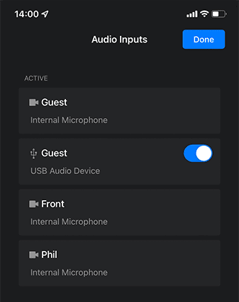 A screenshot of the Audio Inputs of a Mevo in the Mevo Multicam app.