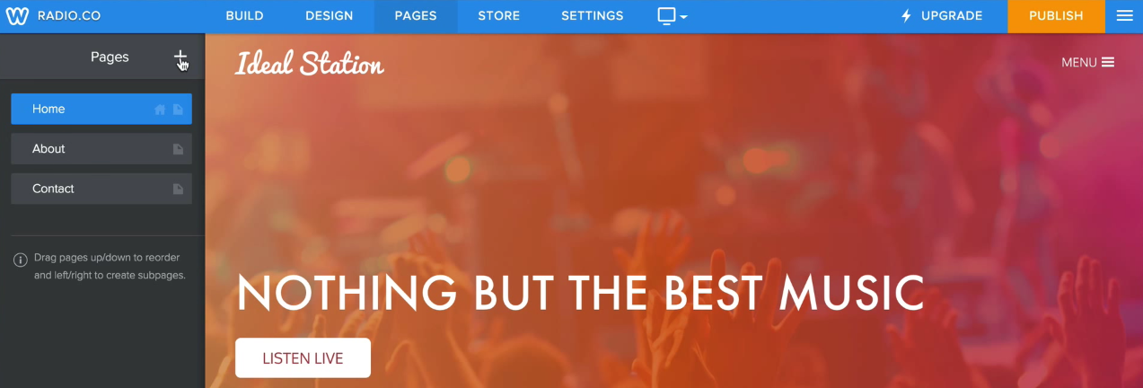 This is a visualisation screenshot of how adding a new page will appear. On the top is a blue Weebley banner. there is also a list of pages in black and blue. On the right is the stock example webpage, an orangey-pink faded image of an audience, overlayed with the words 'NOTHING BUT THE BEST MUSIC'.