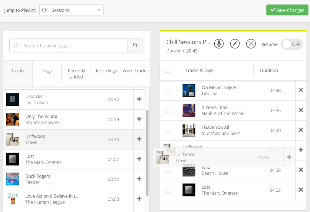 This is a white screenshot of how Adding Tracks into Playlists appears. There are various tracks listed here in two columns.