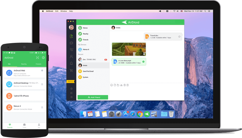 This is a white backdrop with a Macbook in the centre of the image. On the background of the MacBook is the AirDroid Desktop screen, on the left there is a smartphone with the app on.