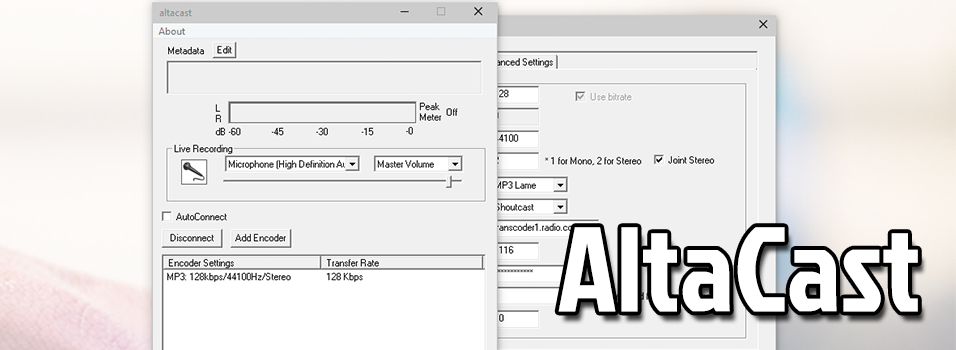 This is a grey and white screenshot of the AltaCast software. It is two grey popup boxes with the word AltaCast in white in the bottom right corner.
