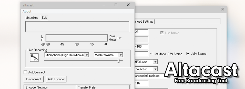 This is a white screenshot visualising how the Altacast Broadcaster appears. It is white and grey with the word Altacast in white in the bottom right corner.