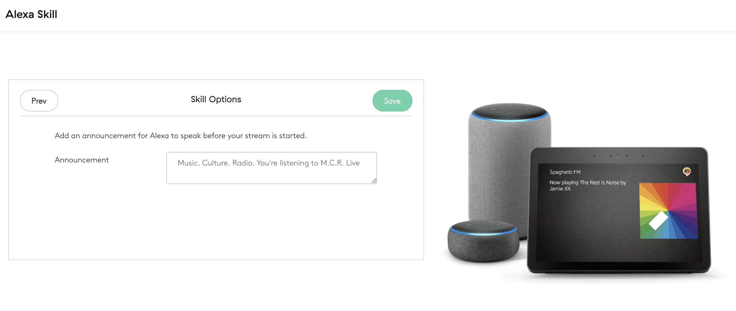 Image shows the further Alexa Skill options window in the Radio.co dashboard.