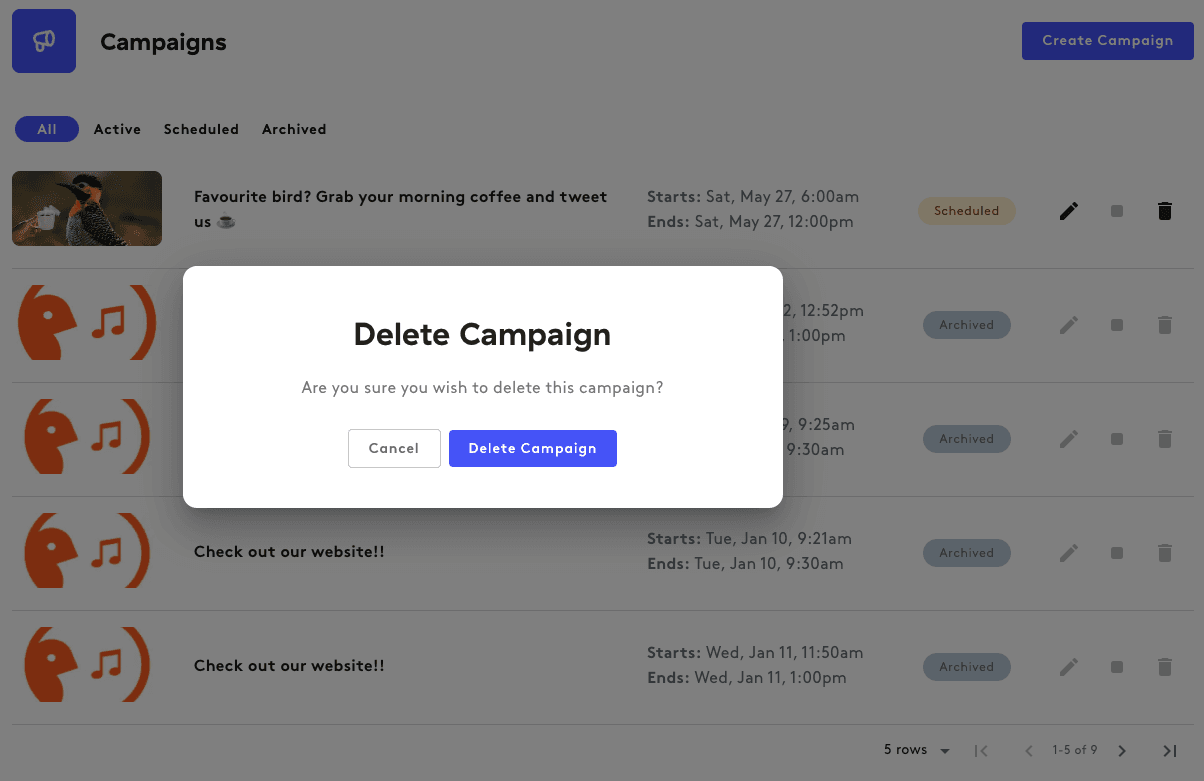 A screenshot showing how to delete an app campaign.
