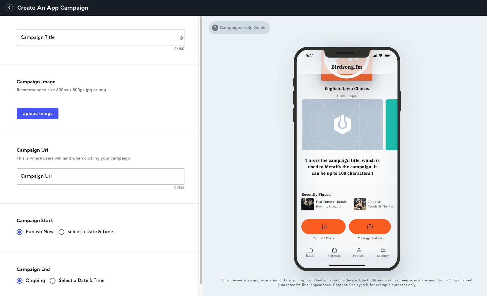 A screenshot showing the overview of the Radio app campaigns.
