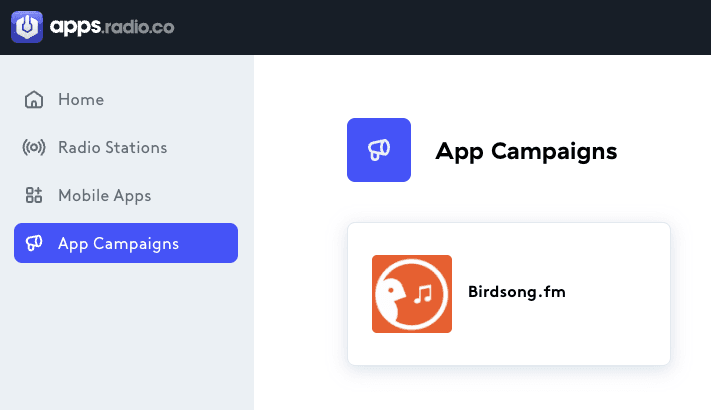 A screenshot showing how to choose an app to build a campaign within the Radio.co app builder.