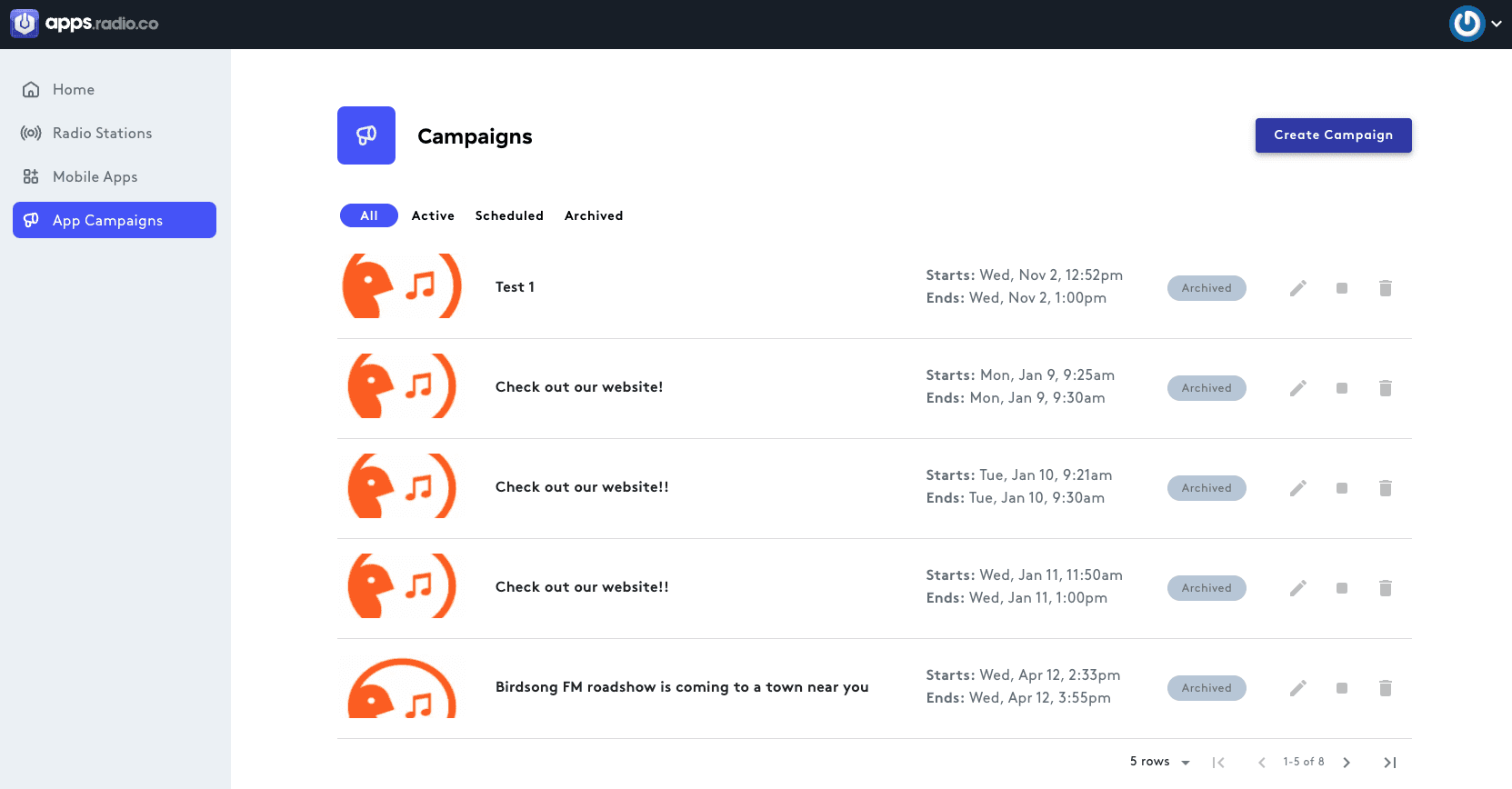A screenshot showing all live, scheduled, and archived campaigns.