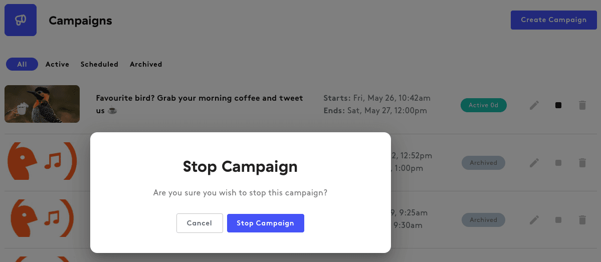 A screenshot showing how to stop live app campaigns.