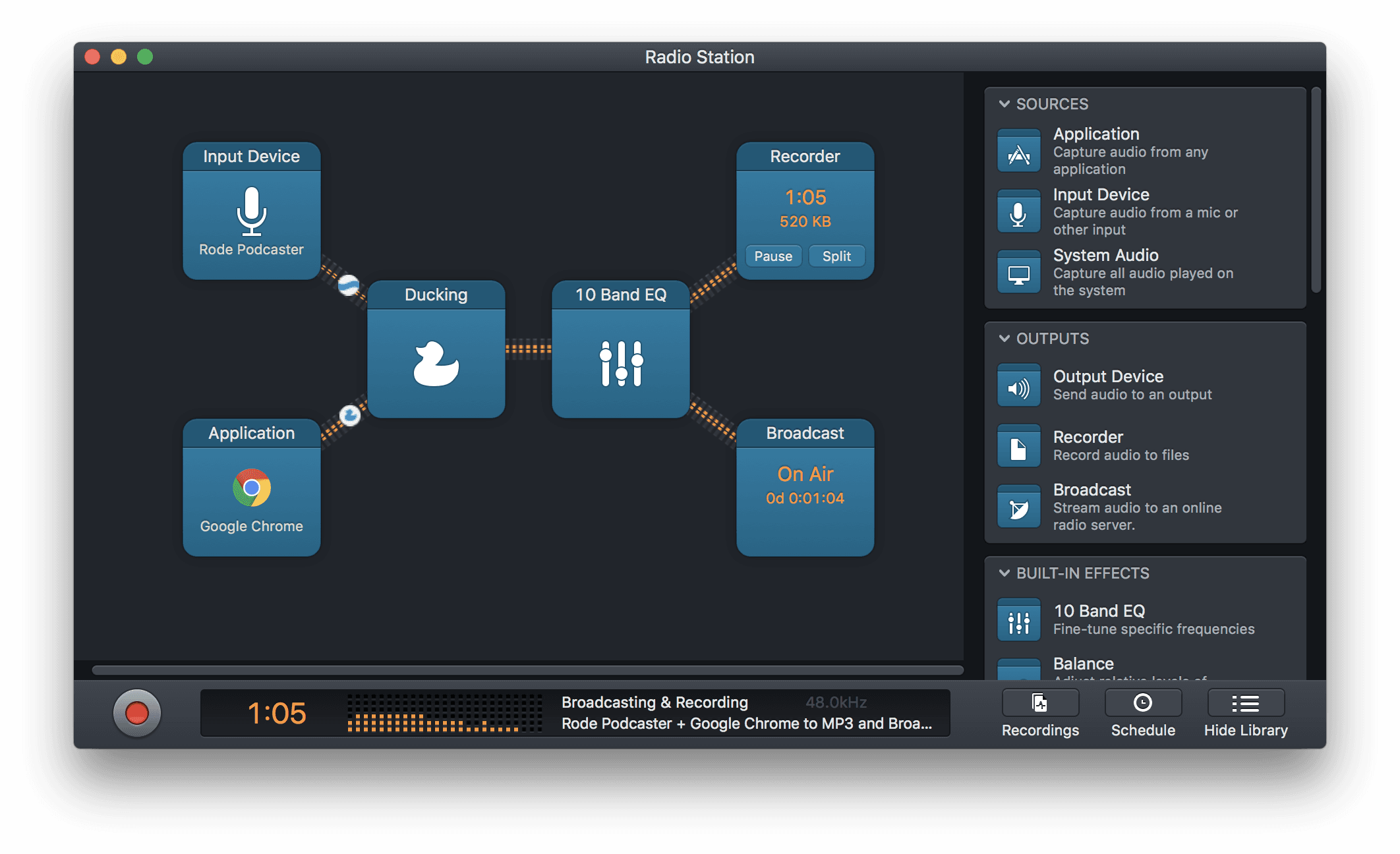 Image shows blocks in an Audio Hijack session that have been used to make audio adjustments like EQ and Ducking.