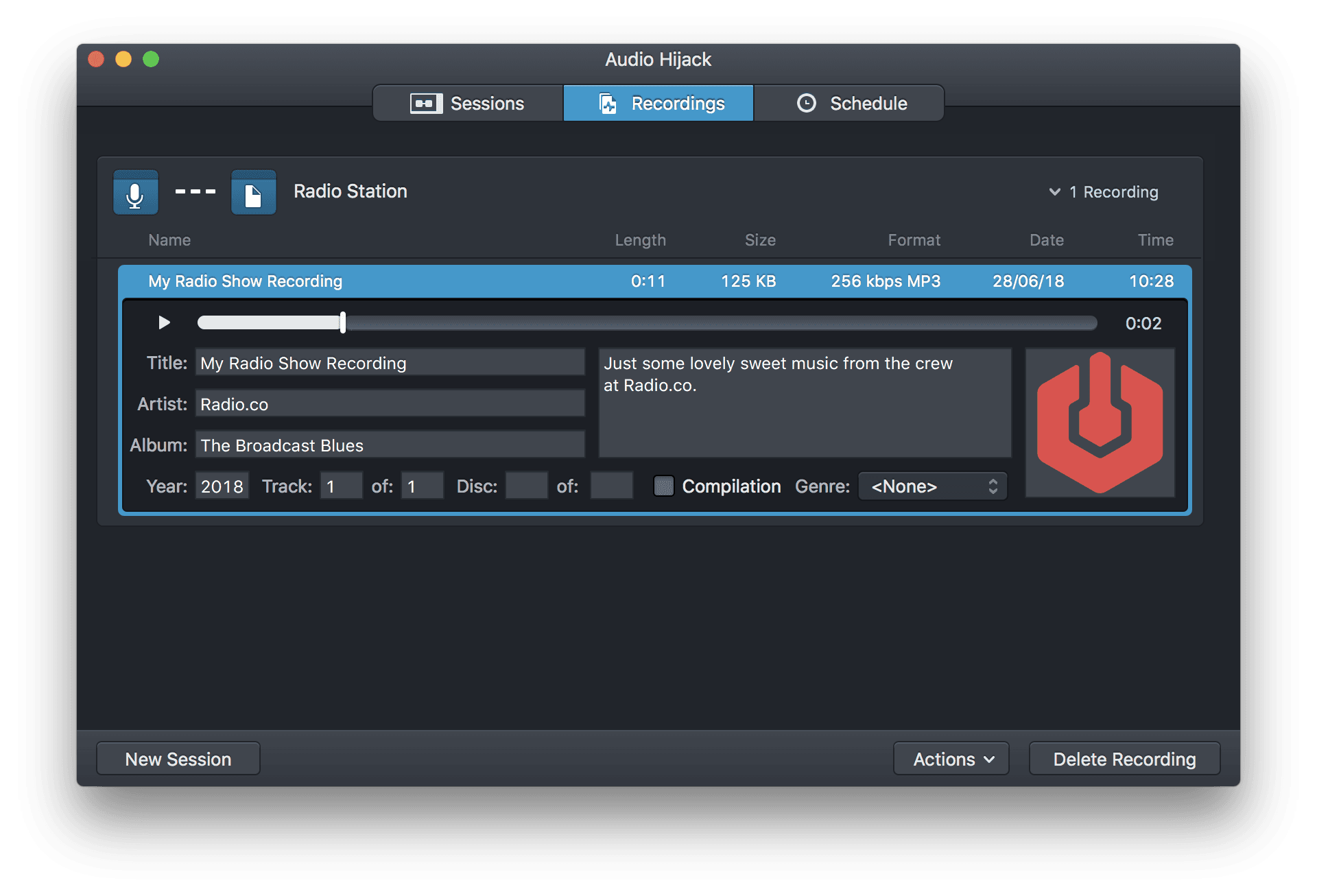 Image shows the recordings tab within Audio Hijack.