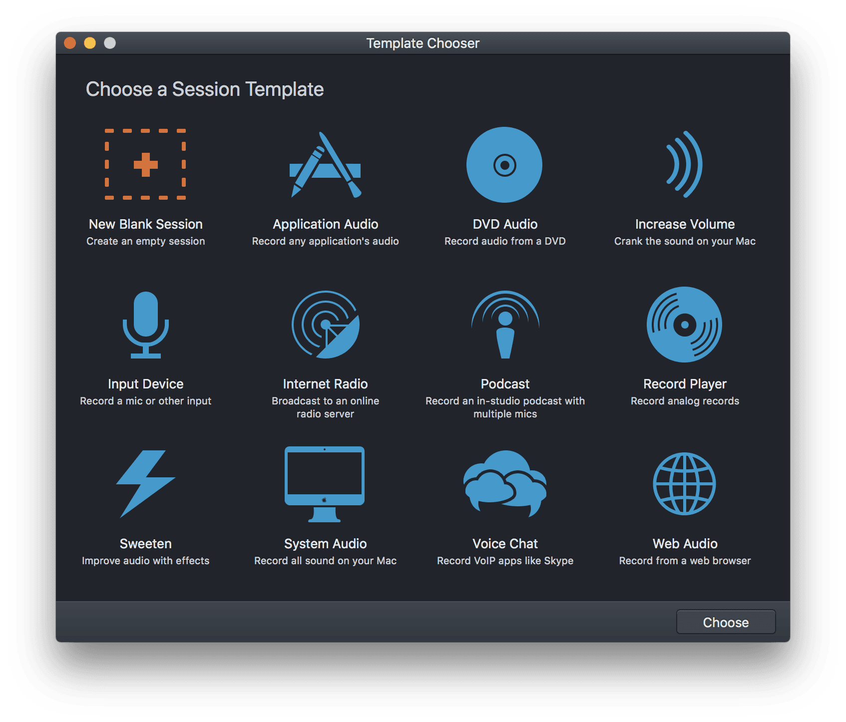 Image shows the template chooser window for Audio Hijack.