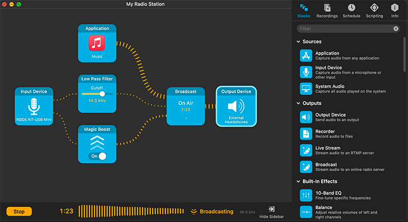 Image is a screenshot from Audio Hijack, showing a typical audio processing set up for a radio station.
