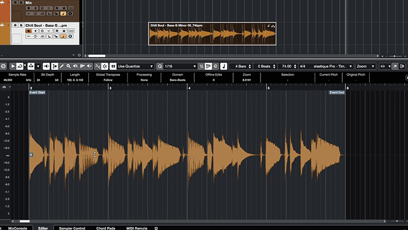 Image is a screenshot from the software Cubase, showing an audio file being analysed and edited.