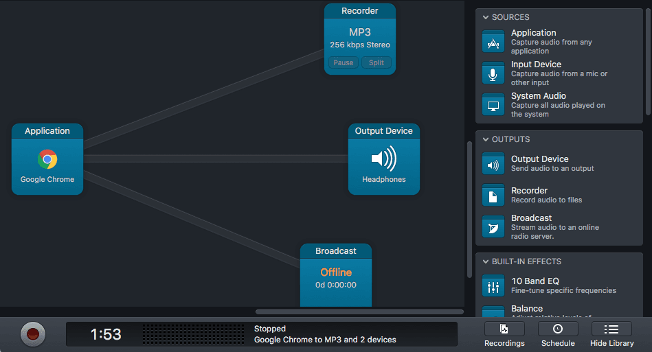 Image shows the Audio Hijack interface with the application block connected to the Recorder, Output Device and Broadcast blocks.