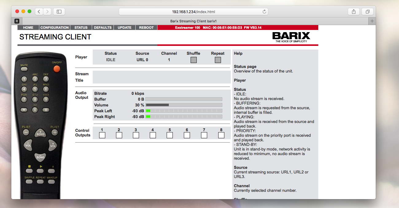 This is a screenshot of how the Barix Exstreamer Admin page will appear, a white page with various pieces of text under the STREAMING CLIENT visible. There is an image of a remote control to the left of the image.