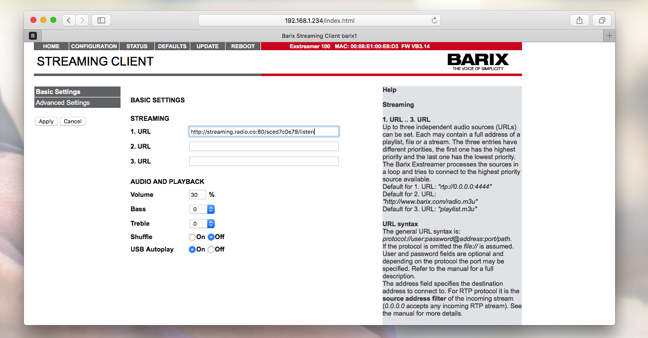 This is a screenshot of how the Barix Streaming Client page will appear.a white page with various pieces of text under the STREAMING CLIENT visible.