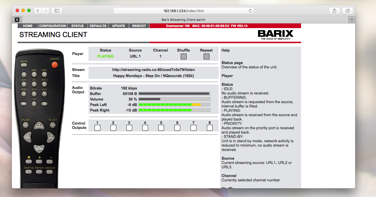 This is a screenshot of how the Barix Exstreamer Now Playing Radio Stream page will appear. This is a screenshot of how the Barix Exstreamer Admin page will appear, a white page with various pieces of text under the STREAMING CLIENT visible. There is an image of a remote control to the left of the image. There are various levels visible in the centre.