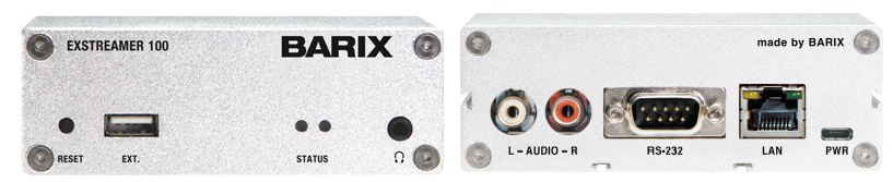 This is a stock image of the front (on the left) and the back (on the right) of the Barix Exstreamer. It is a silver rectangular box with various outputs and inputs visible.