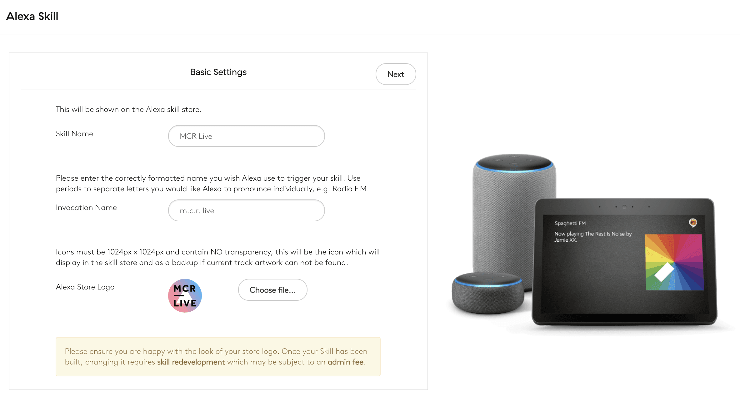 Image shows the settings window for creating an Alexa Skill.