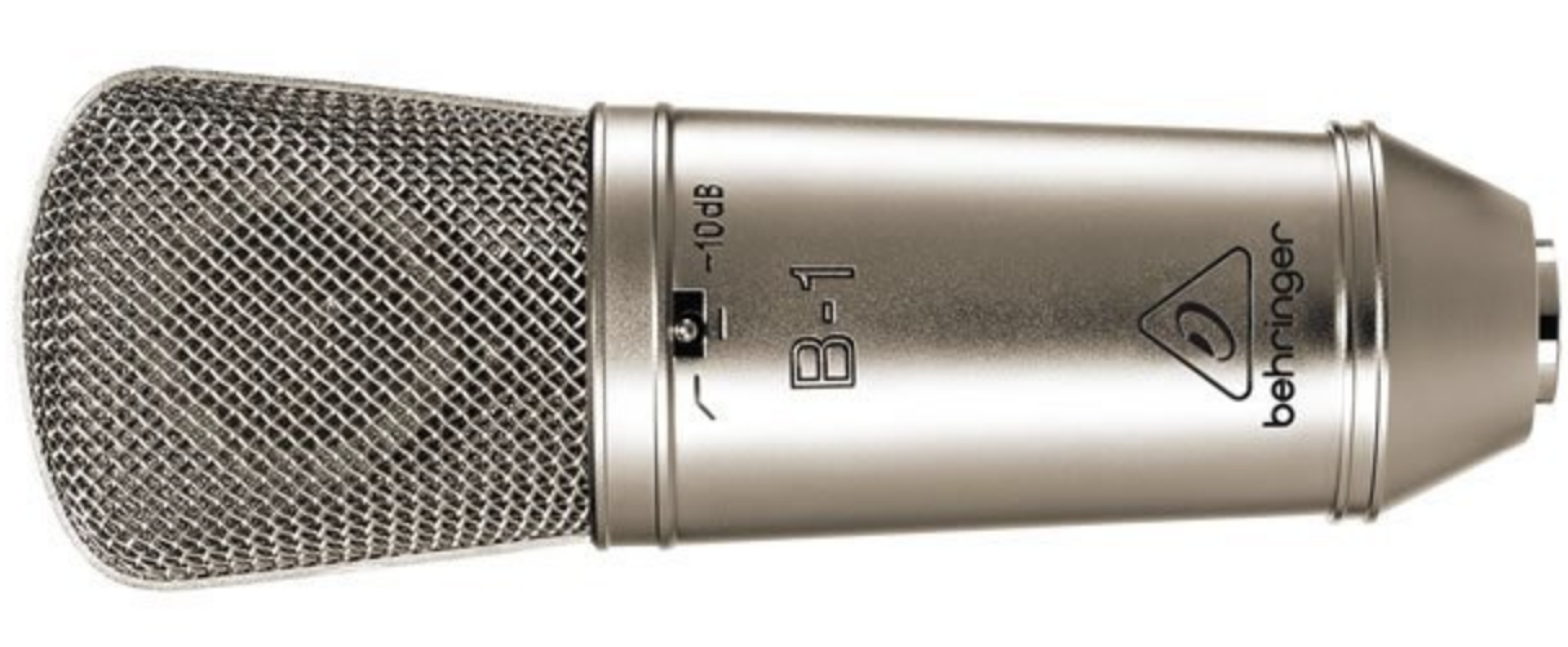 This is a stock image of a Behringer B-1 Microphone. It is silver and the background is a neutral white.