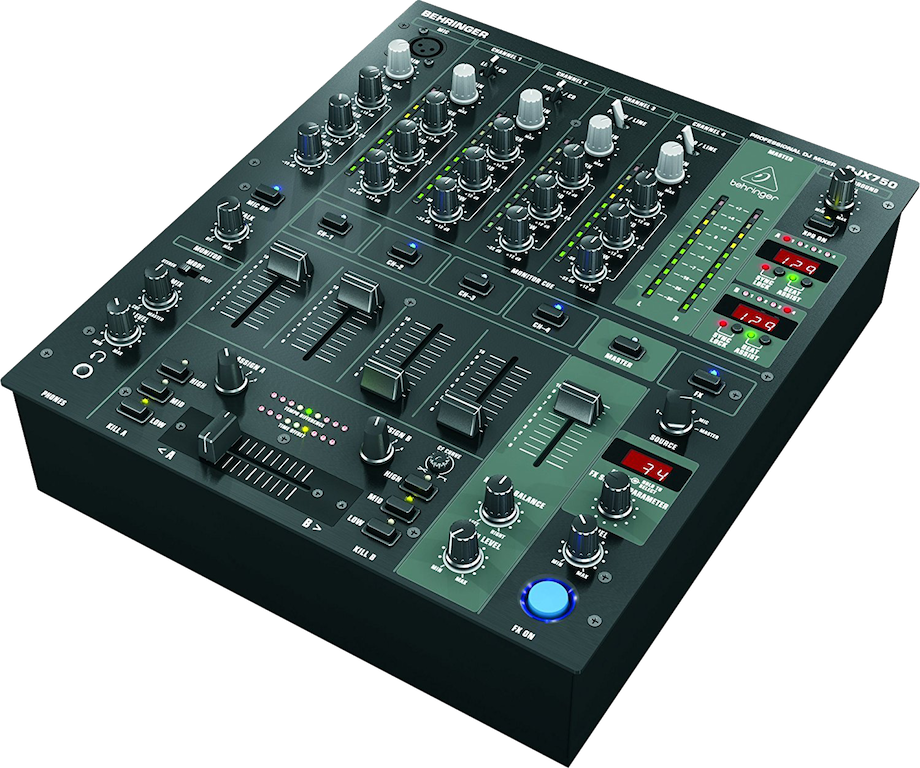 This is an image of the Behringer Pro Mixer DJX750 against a plain white background. The mixer is a green and black squared off box with various knobs and numbers on it.