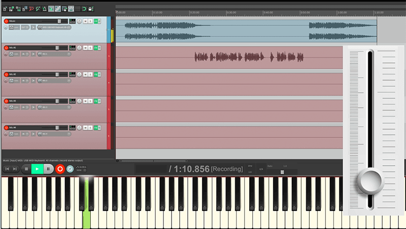 Image shows a screenshot from the REAPER software, showing multitrack editing and a on-screen keyboard.