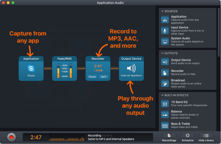 This is a black and orange screenshot highlighting how Audio Hijack appears, with a list of inputs on the right of the screen.