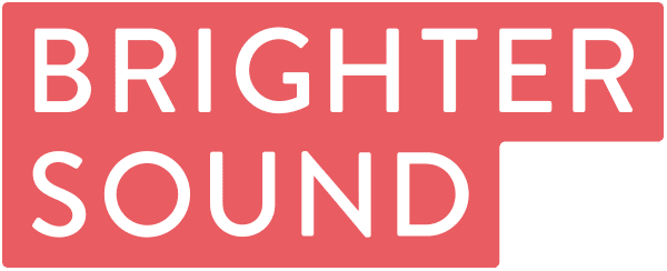 Image shows a logo for Brighter Sound: There is a red-pink block background which contains white capital font reading "Brighter sound".