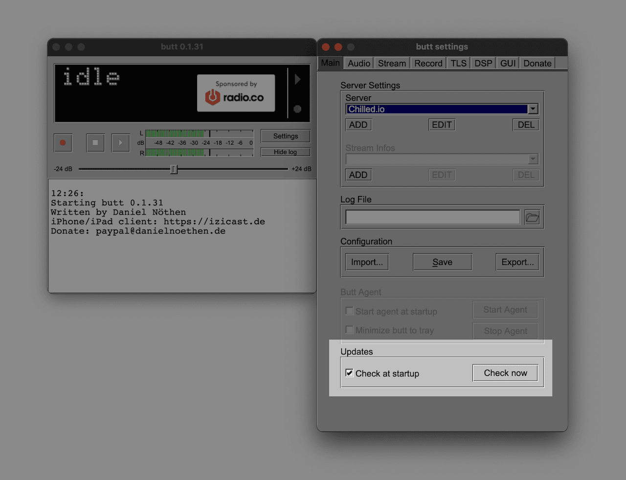 Image shows the BUTT main window and the BUTT settings window, side-by-side.