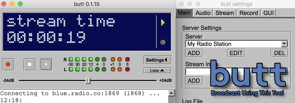 Image is two screenshots from the broadcasting software BUTT.