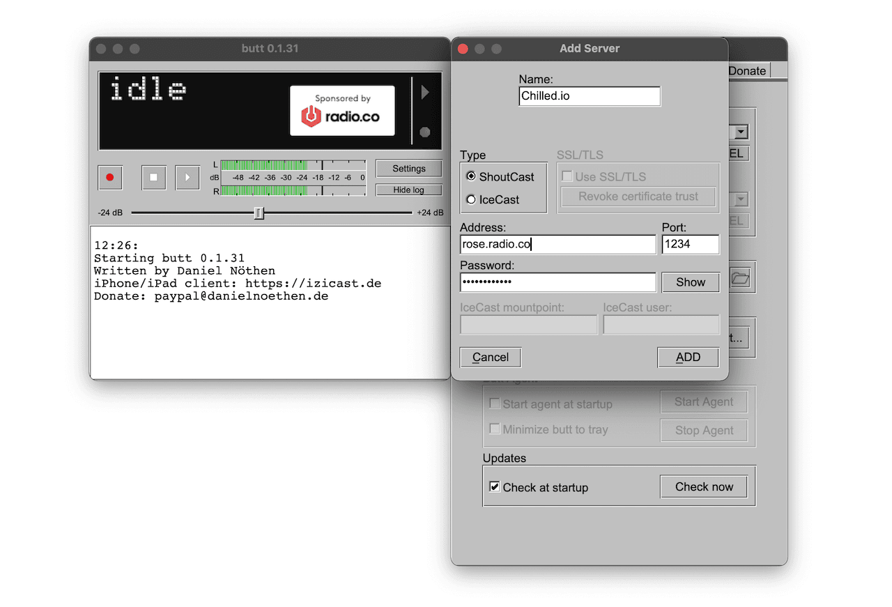 Image shows the process for adding a new server in BUTT.