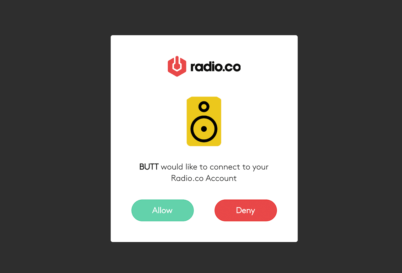 Image shows the window for allowing BUTT to access Radio.co user account.