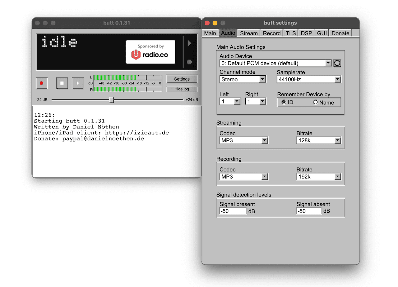 Image shows the BUTT audio settings.