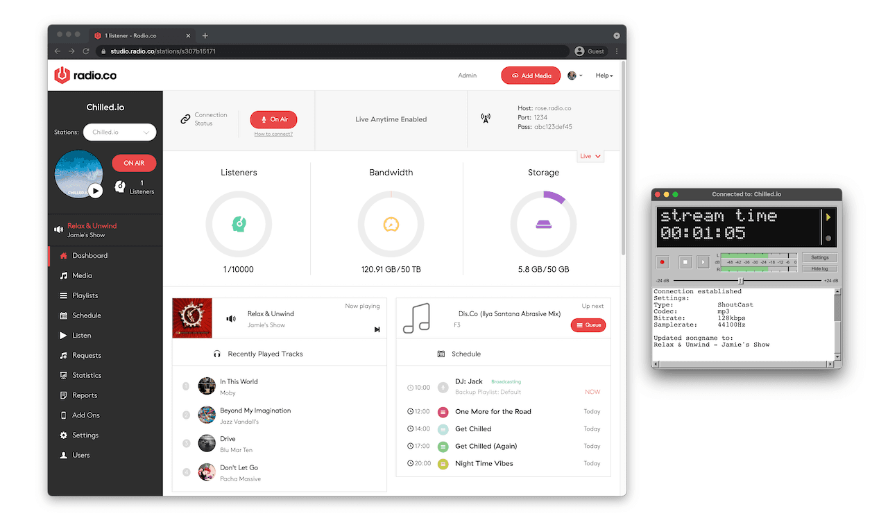 Image shows how the Radio.co dashboard and the BUTT window look when broadcasting live.