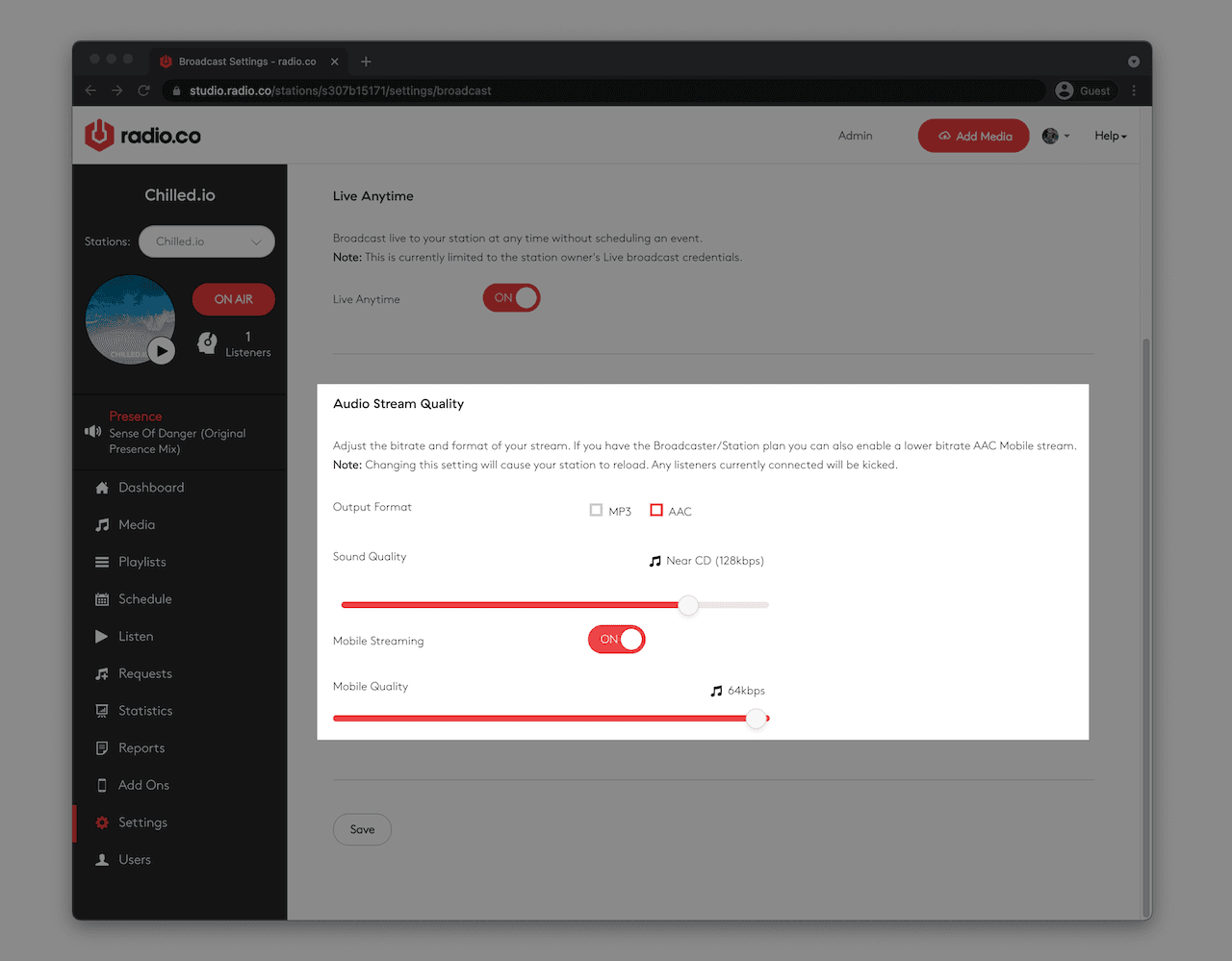 Image shows Radio.co audio quality settings