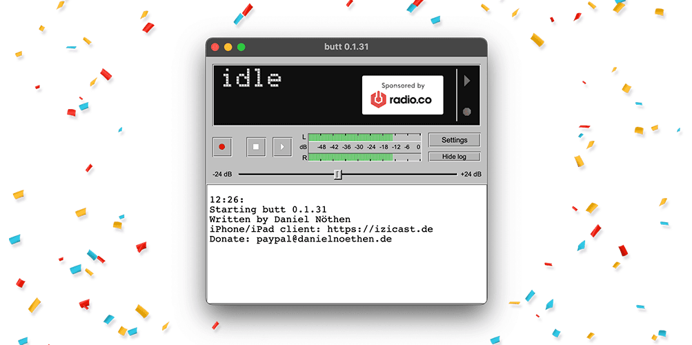Image shows the BUTT broadcaster window, with a confetti design around it.