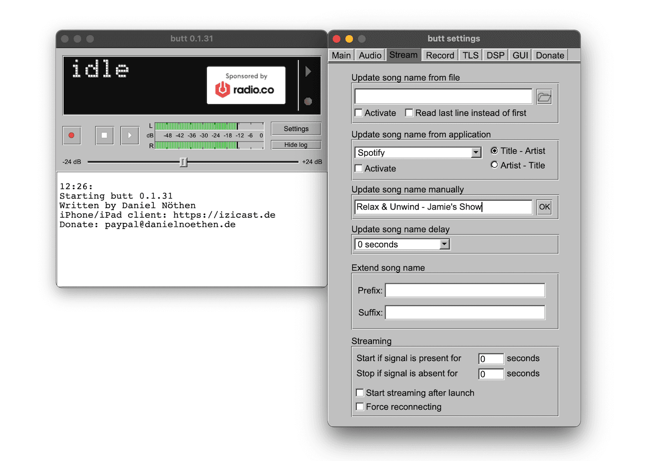 Image shows the window for changing the metadata within BUTT.