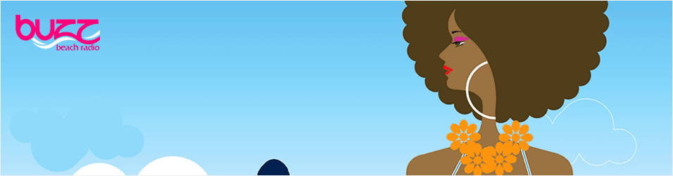 This is an image of the stock radio station, Buzz Beach Radio,'s logo. It is a blue sky backdrop with a pink buzz logo in the top left corner. On the right is an illustration of a black woman wearing gold hoop earrings. She looks onto the horizon.