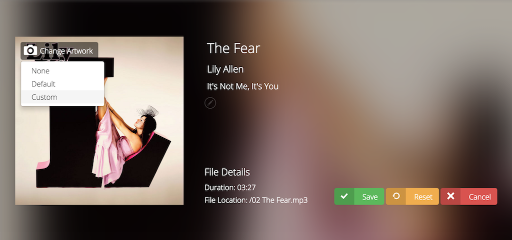 This is an image of how to change Custom Album Artwork for tracks. The same Lily Allen track now shows album art, a black bold L, with Lily, a woman with dark black hair, lying in it in a pink dress.