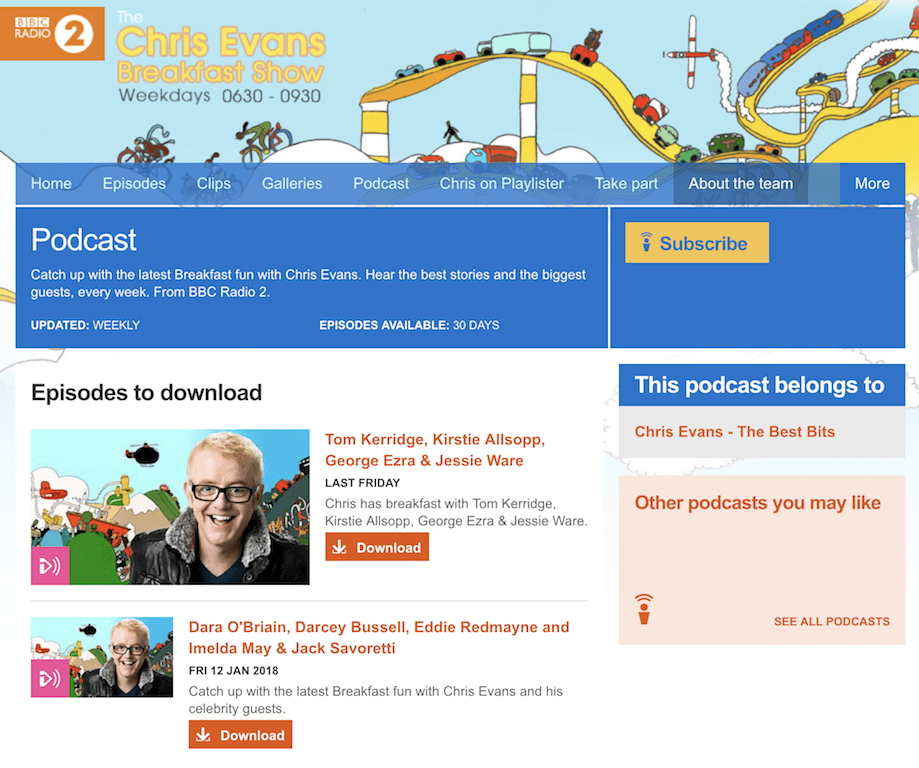 Image is a screenshot of the BBC website page for the Chris Evans Podcast.