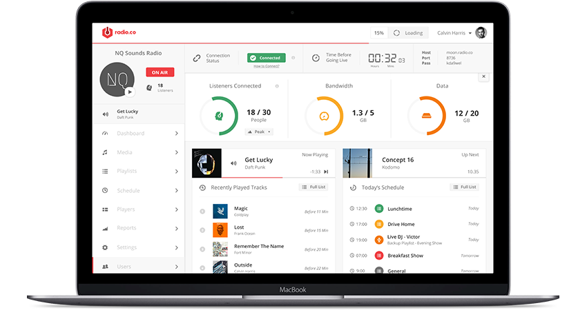 This is a picture of a MacBook with the page open of the white Radio.co Dashboard. It has listeners stats