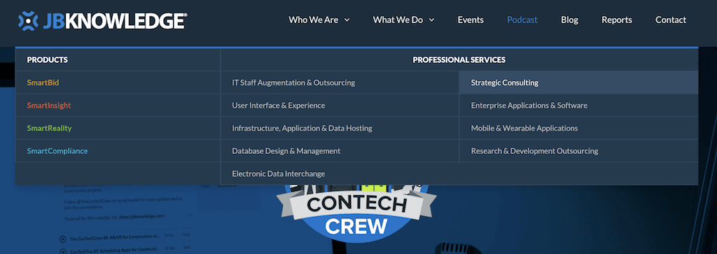 Image is a screenshot of the JBKnowledge website with the ConTechCrew Podcast Tab selected.