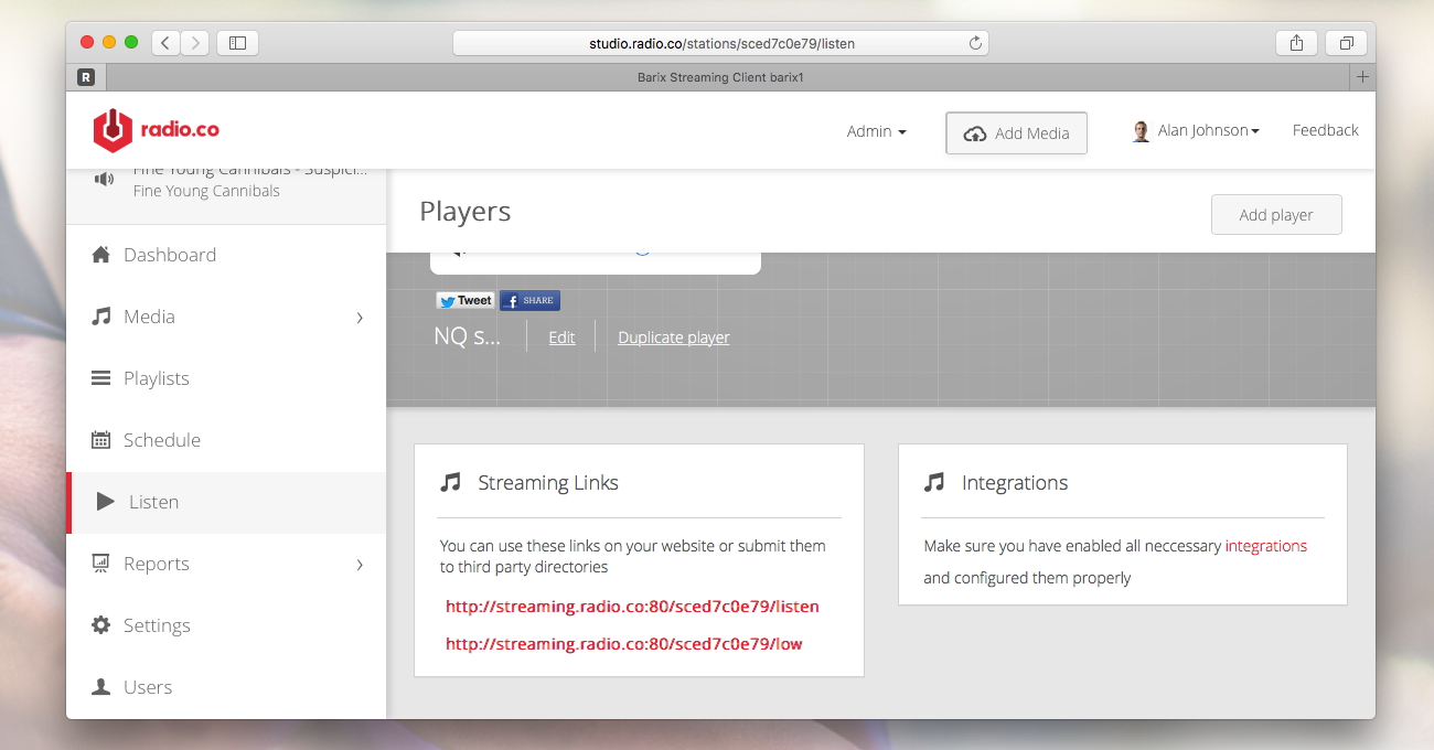 This is a screenshot of how Copying Listen Link in the Barix Exstreamer appears. A grey and white screenshot with the red radio.co logo in the top left corner.