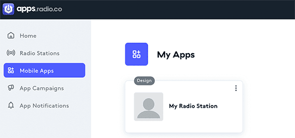 Image is a screenshot from the Radio.co app builder, listing the apps on an account.